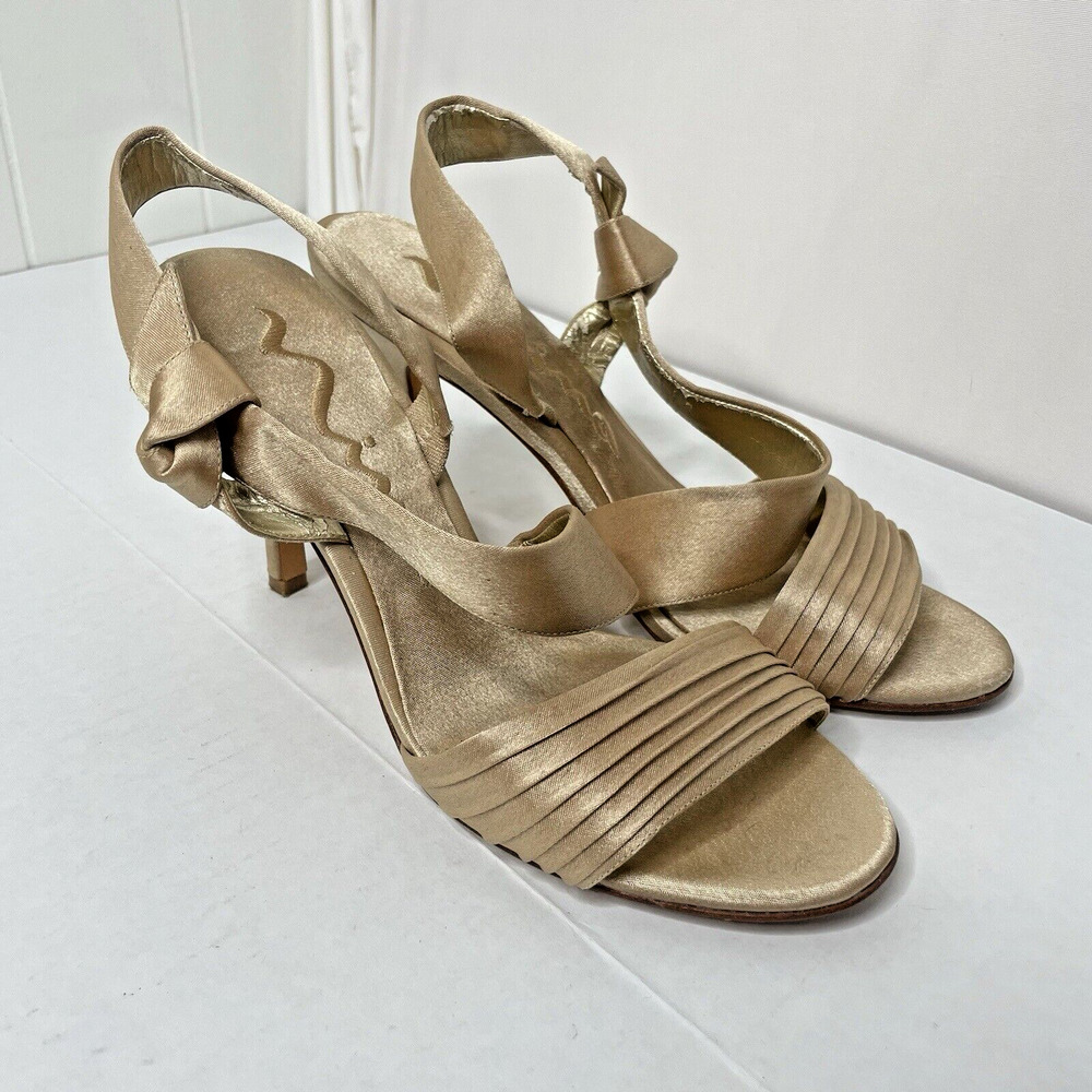 Nina Kitten Heels Shimmer Gold Bow Party Evening Y2K‎ Peep Toe Glam 2000 8M